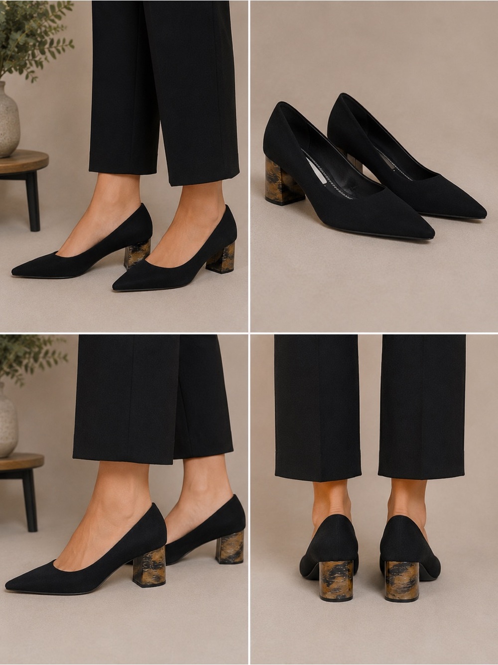 Zara Black Pointed Pumps with Marbled Block Heel